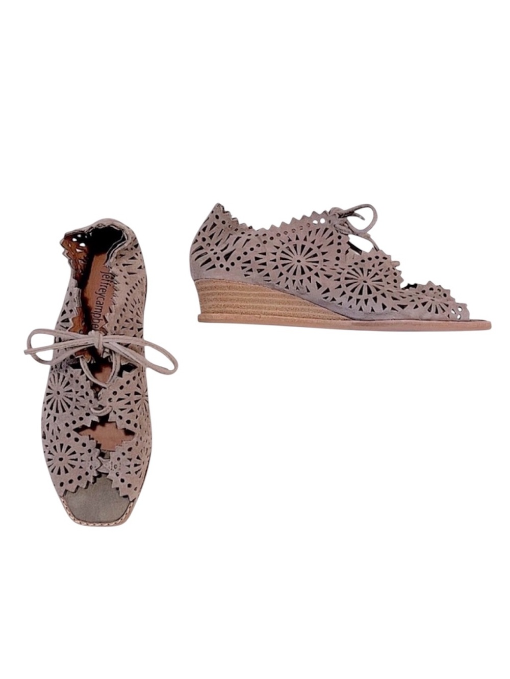Jeffery Campbell Women’s Espejo Tan Perforated Suede Lace Wedge Peep Toe Shoe 5
